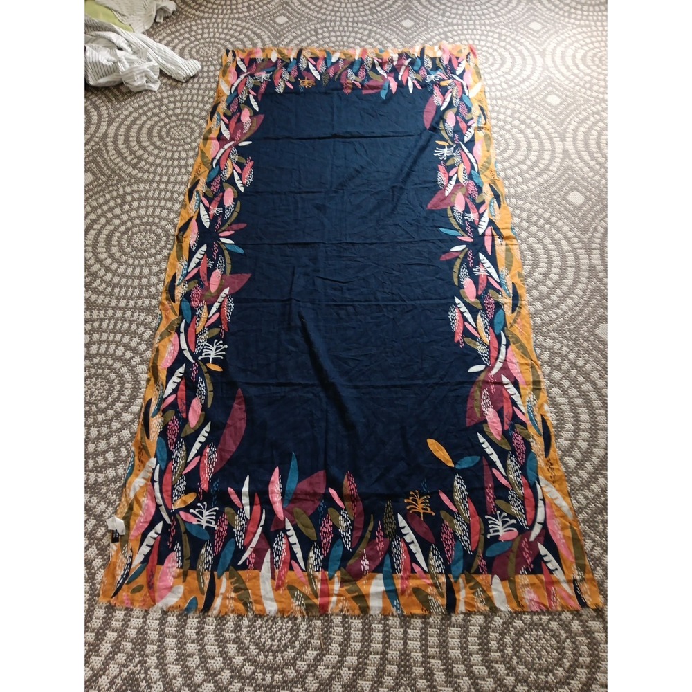 Galeries Lafayette Paris Sheer Scarf Navy Blue Leaf 100% Cotton Fringe Artsy - Picture 4 of 6